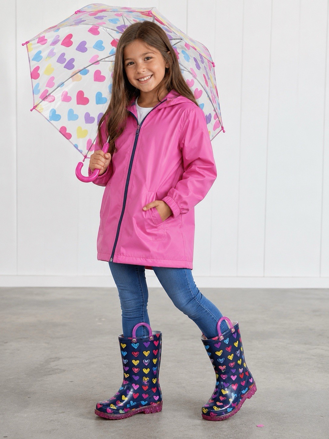 Magellan Youth Girls Size 12 Rain Boots Heart Print Pink Glitter Handles