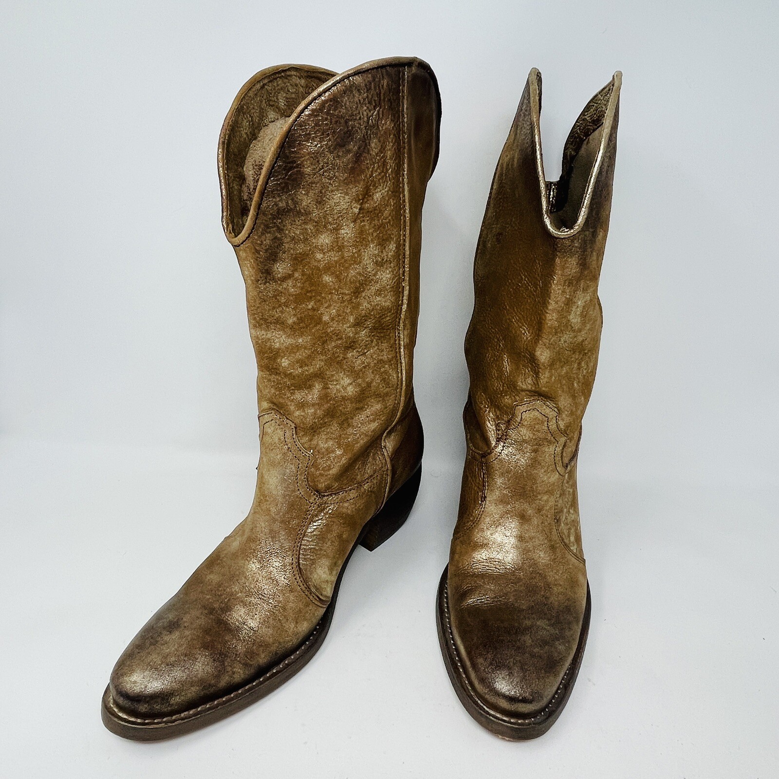 Arnold Churgin Women Boots 40 Gold Leather Metallic Handmade Canada Western RARE