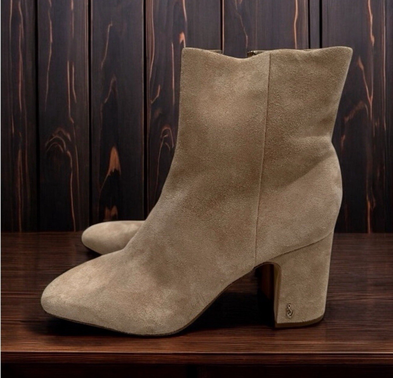 Sam Edelman Fawn Ankle Boots Womens Beige Suede Block Heel Booties Zip