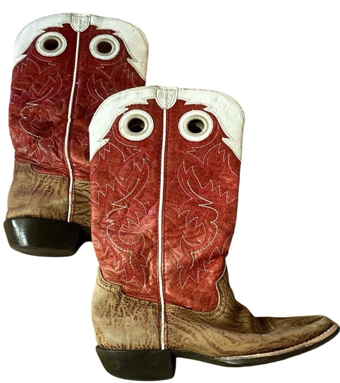 Ariat Youth leather Boots Western Bush Rider 2 Red White Brown Ranch
