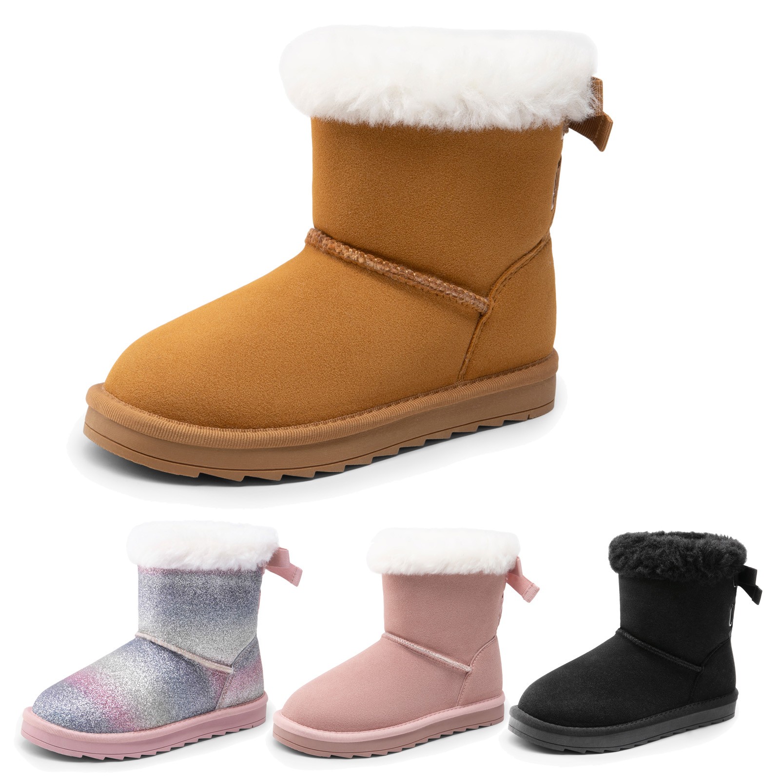 Girls Boots Kids Winter Faux Fur Warm Snow Boots Ankle Fuzzy Bow Short Boots