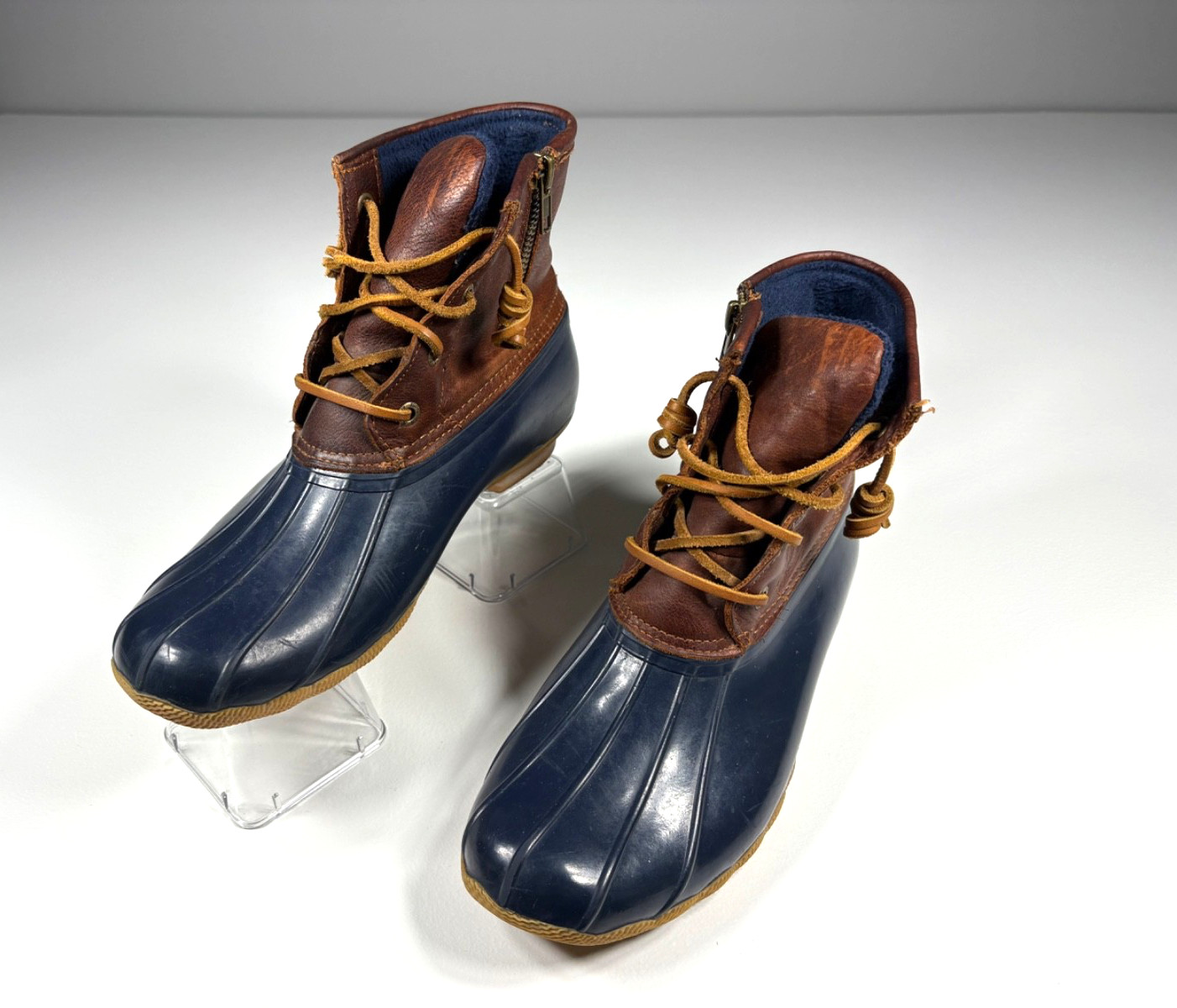 Sperry Duck Boots Women 8.5 Brown Blue Waterproof Lace Up Fleece Lined Casual