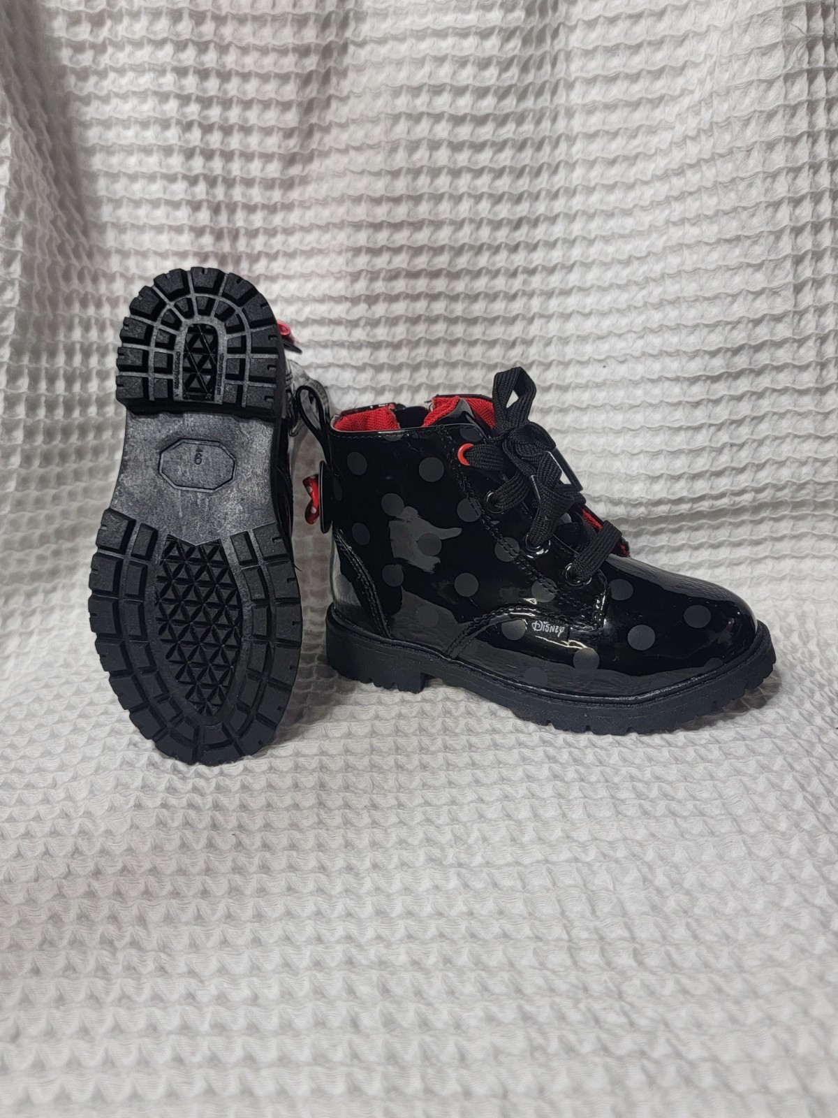 Disney Minnie Mouse Toddler Girls Boots Black Polka Dot Patent Zip Lace Size 9