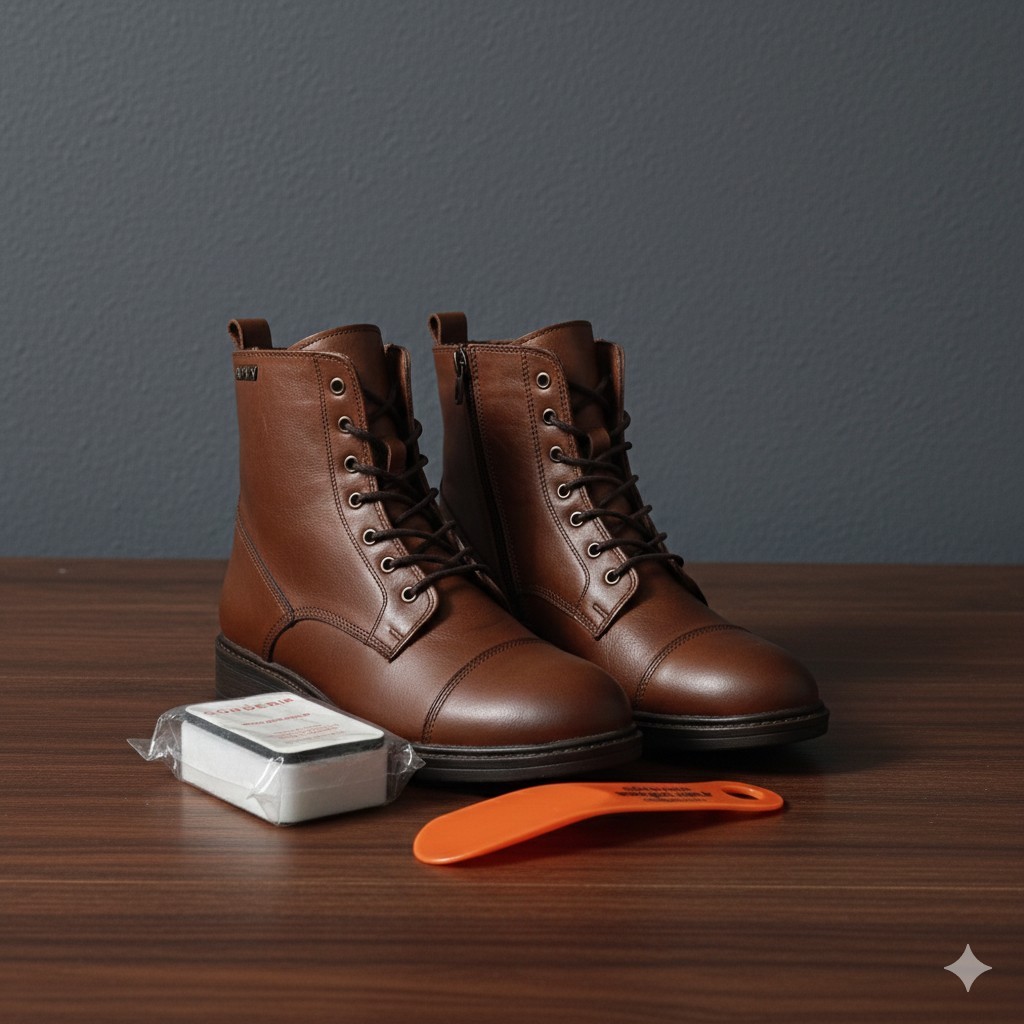 Tan Genuine Leather Zippered Women Combat Boots Shoe