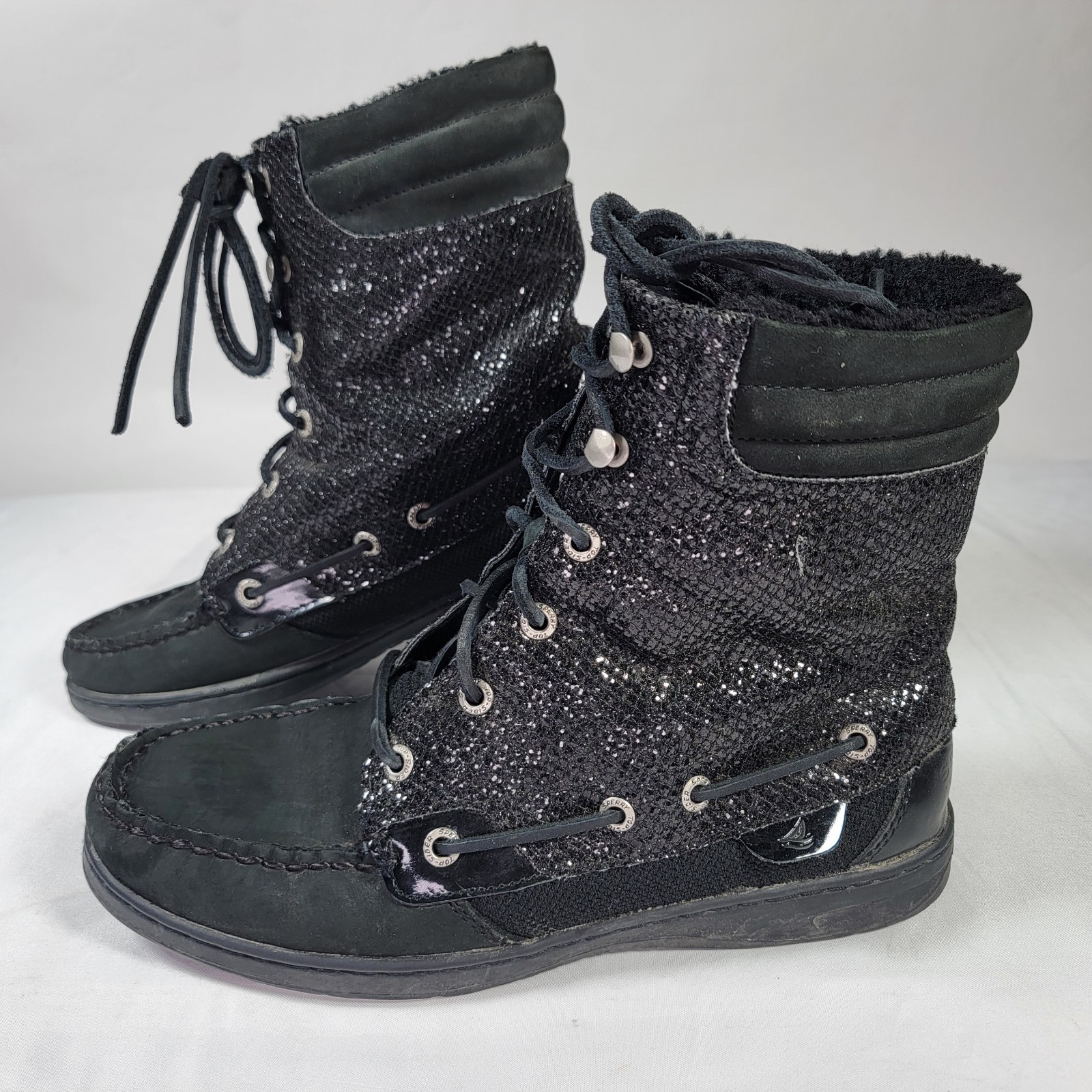 Sperry Top-Sider Hikerfish Black Glitter Duck Boots Womens 8.5 Moc Toe Lace Up