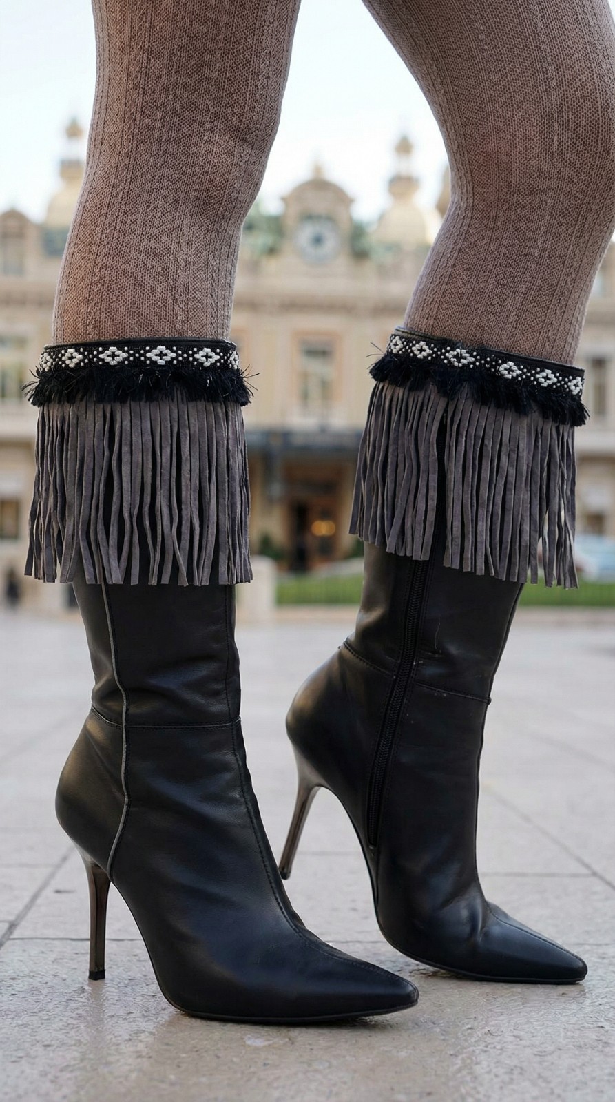 Western Women Winter Boots Toppers Gray Fabric Long Fringe Knee High White Cross