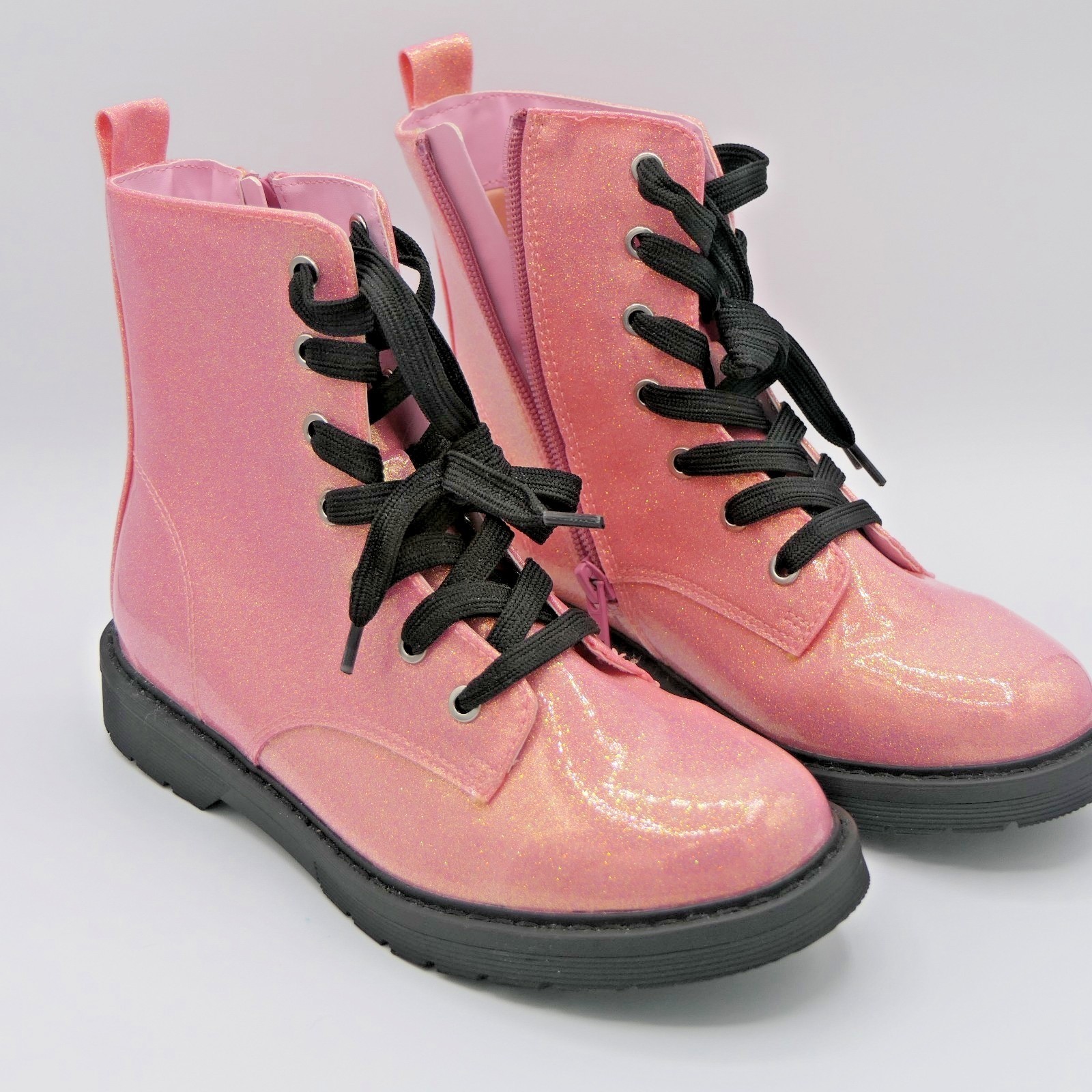 Thereabouts Girls Boots 3 Reese Flat Heel Combat Pink Sparkles Barbie Side Zip