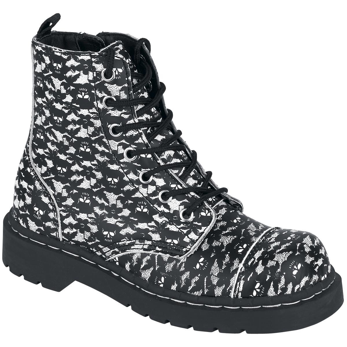 T.U.K. Shoes White Black Skull Lace 7 Eye Anarchic Women Boots Size; 5 & 6 US