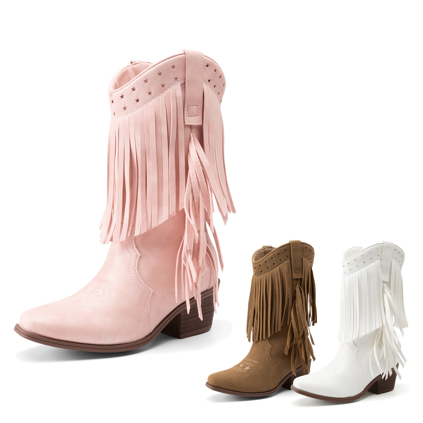 Kids Western Boots Girls Cowboy Boots Tassel Fringe Comfort Mid Calf Boots
