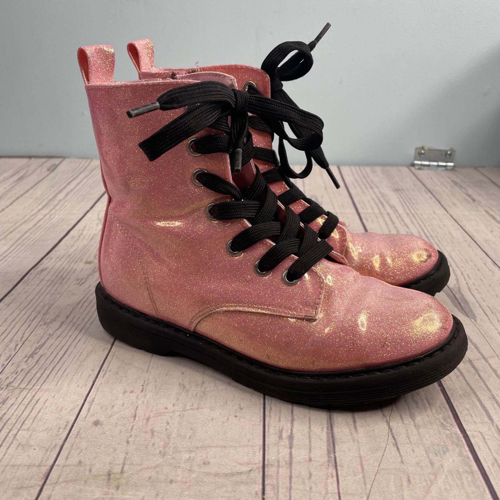 Girls Pink Glitter Lace Up Side Zip Combat Boots Kids Size 1 “Reese”