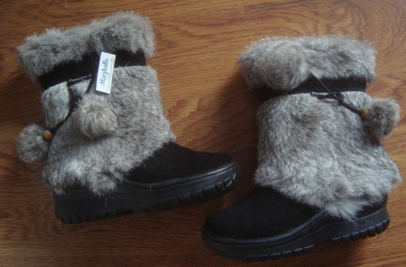 Bearpaw Tama Youth Girls Winter Boots Grey Rabbit Fur Suede Boots PomPom Size 1