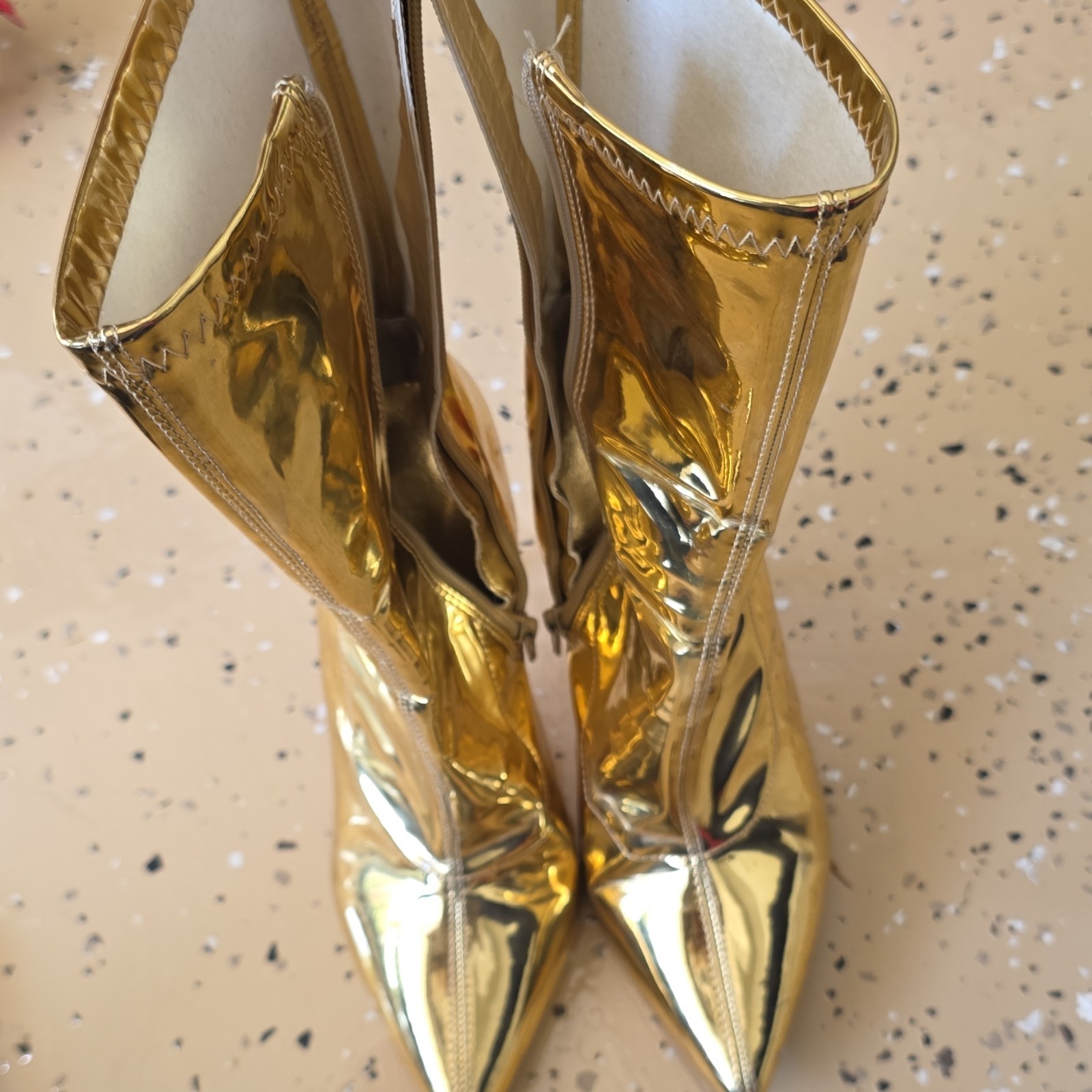 Gold Metallic Mid-Calf Stiletto Pointed Toe Zip Bootie Synthetic Women Boots