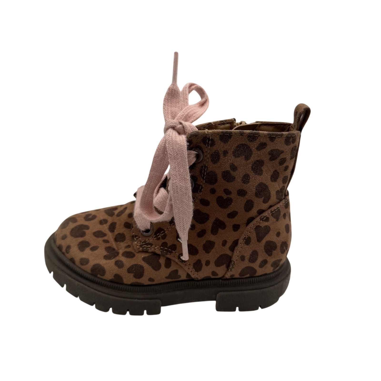 Cat & Jack Boots Girls Size 8 Brown Heart Print Faux Suede Combat Zip Lace Up