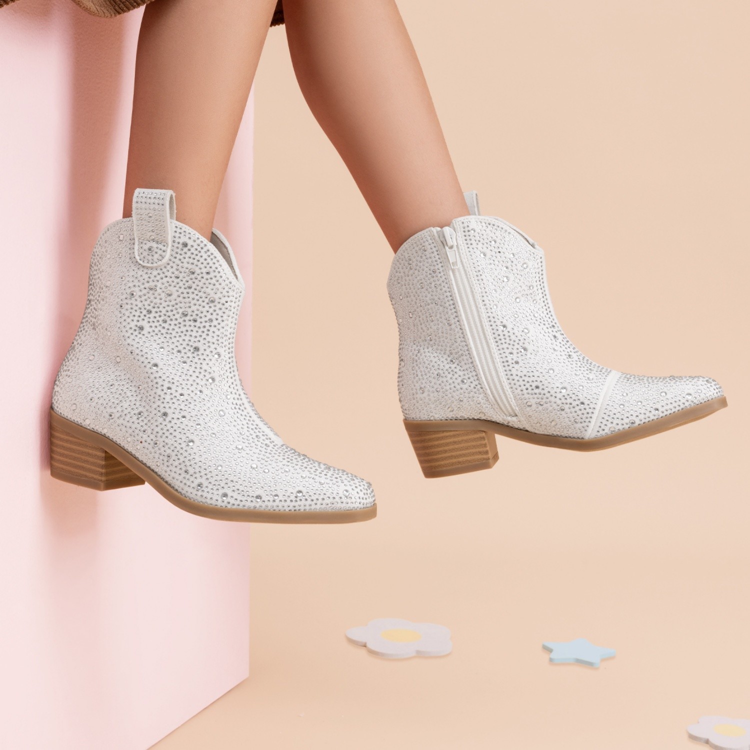 Toddler Girls Boots Cowgirl Cowboy Rhinestone Boots Ankle Low Heel Dress Booties