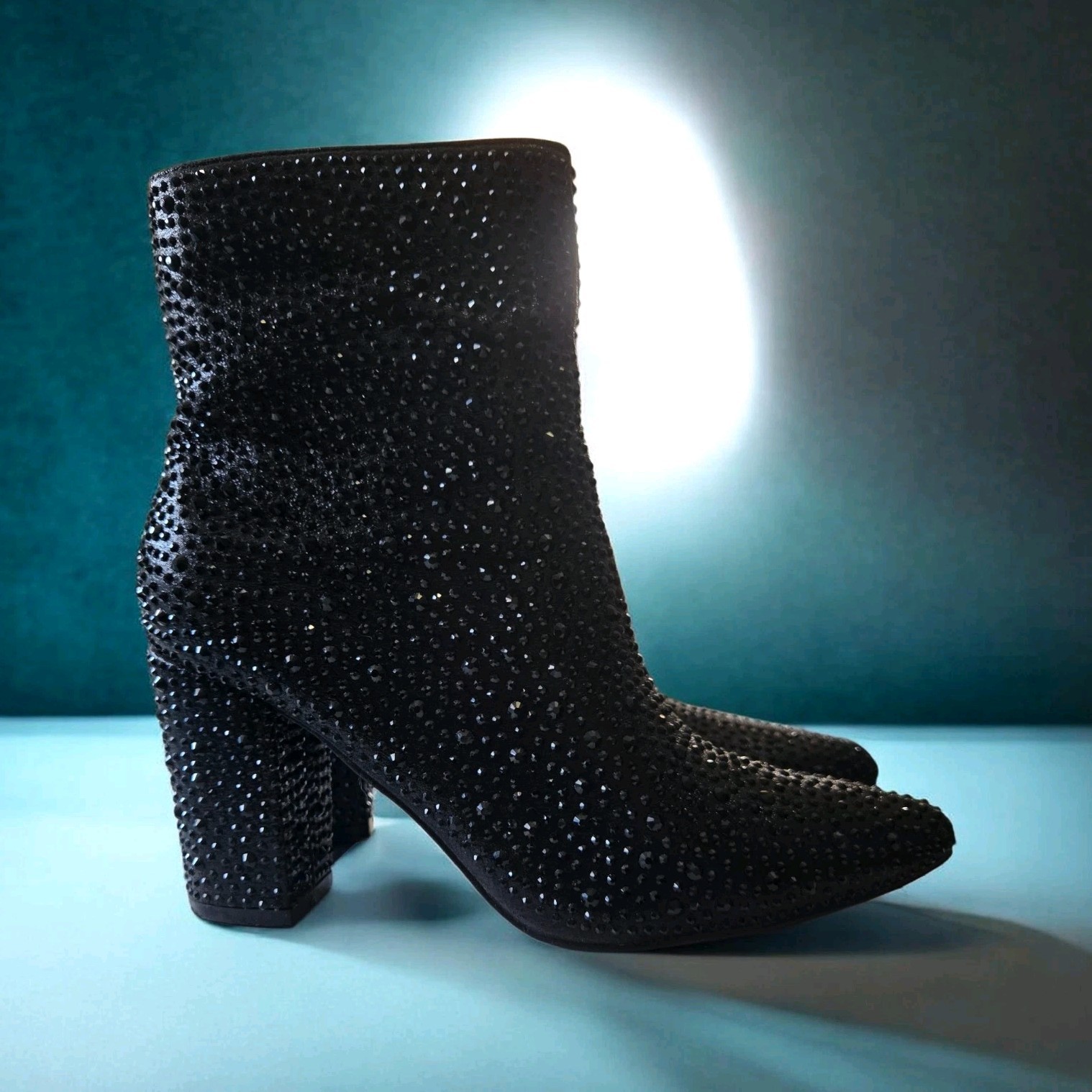 Black Rhinestone Pointed Toe Block Heel Zip Ankle Bootie Synthetic Women Boots