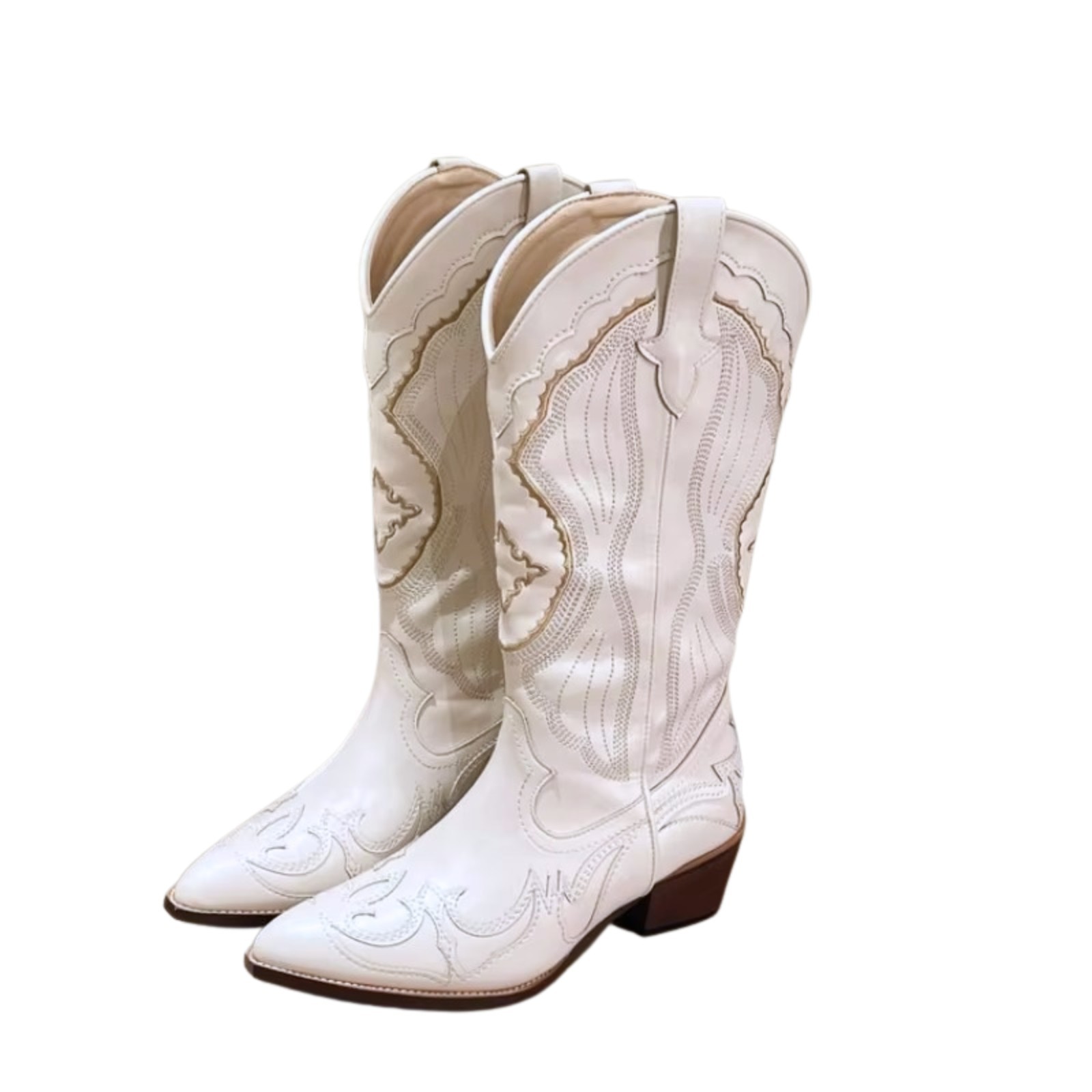 Women’s White Knee High Western Cowboy Boots Embroidered Pointed Toe Block Heel