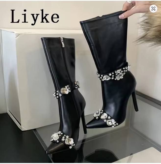 Sexy Black Crystal Rhinestone Gem Women Winter Stiletto Boots Sexy Pointed Heels