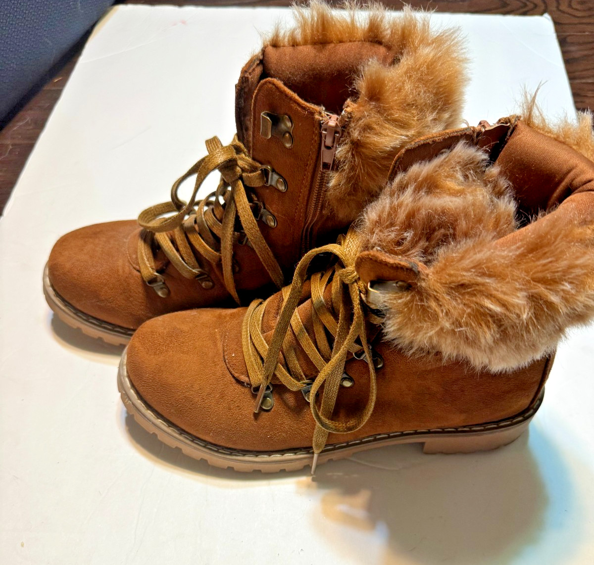 Catherine Brown Faux Suede Fur Trim Lace Up Combat Boots Women’s Size 8