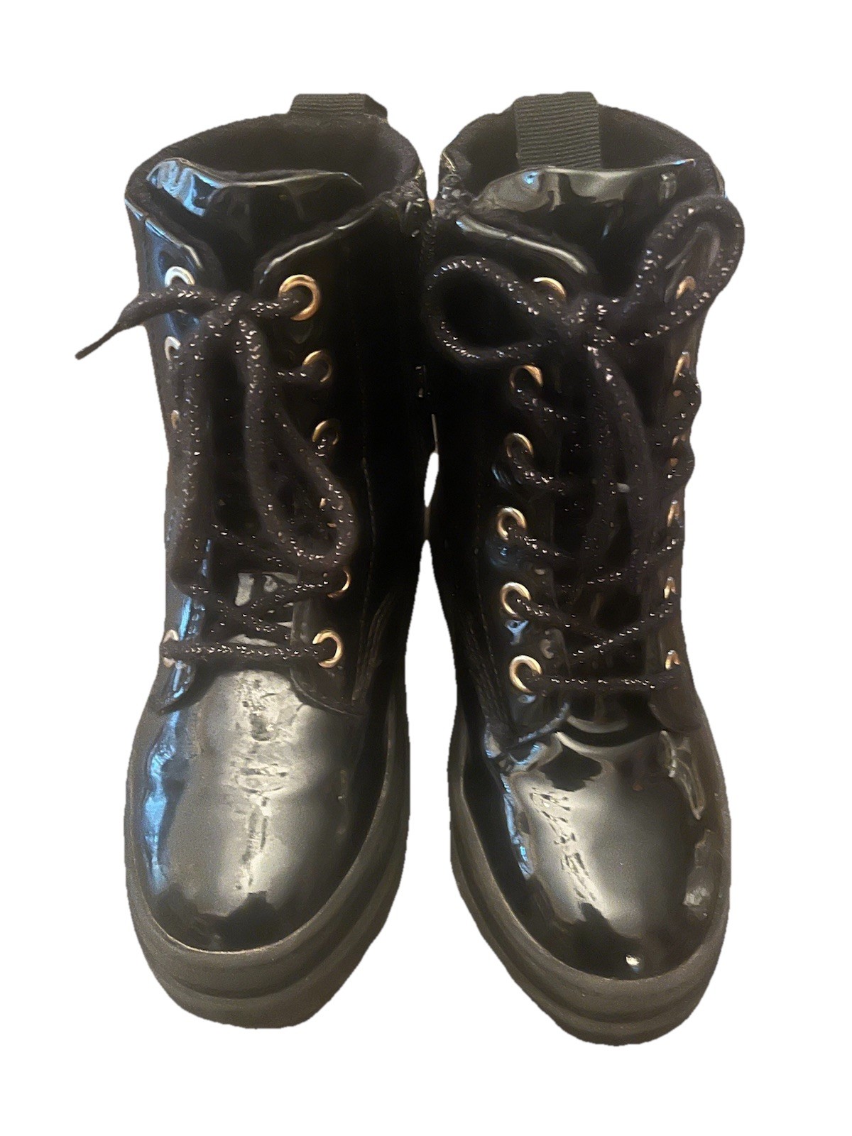 H & M Black Patent Leather Lace up Boots Girls Winter Boots Size 12