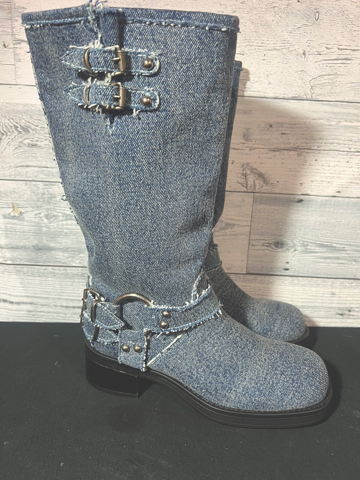 steve madden buckle denim biker style women boots size 6