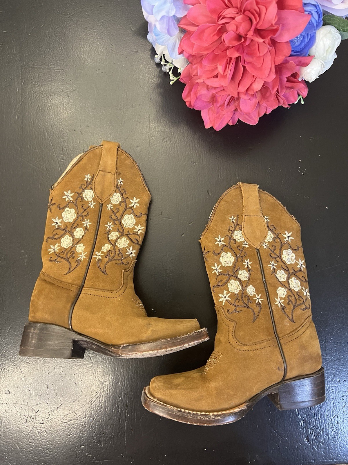 Tan Cream Floral Embroidery Leather Square Two Western Girls Boots 9 See Details