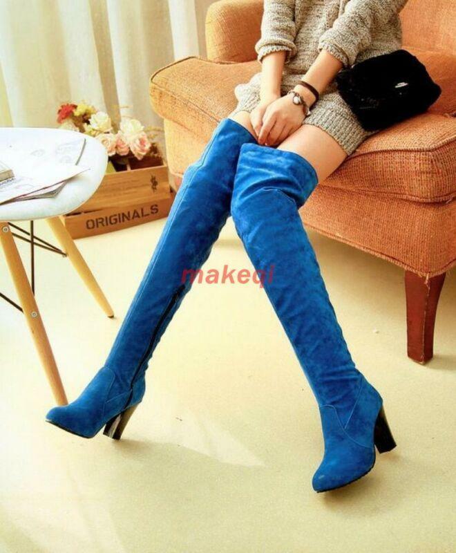 Women’s Faux Suede Over Knee High Block Heel Long Boots Shoes Fashion Plus Size