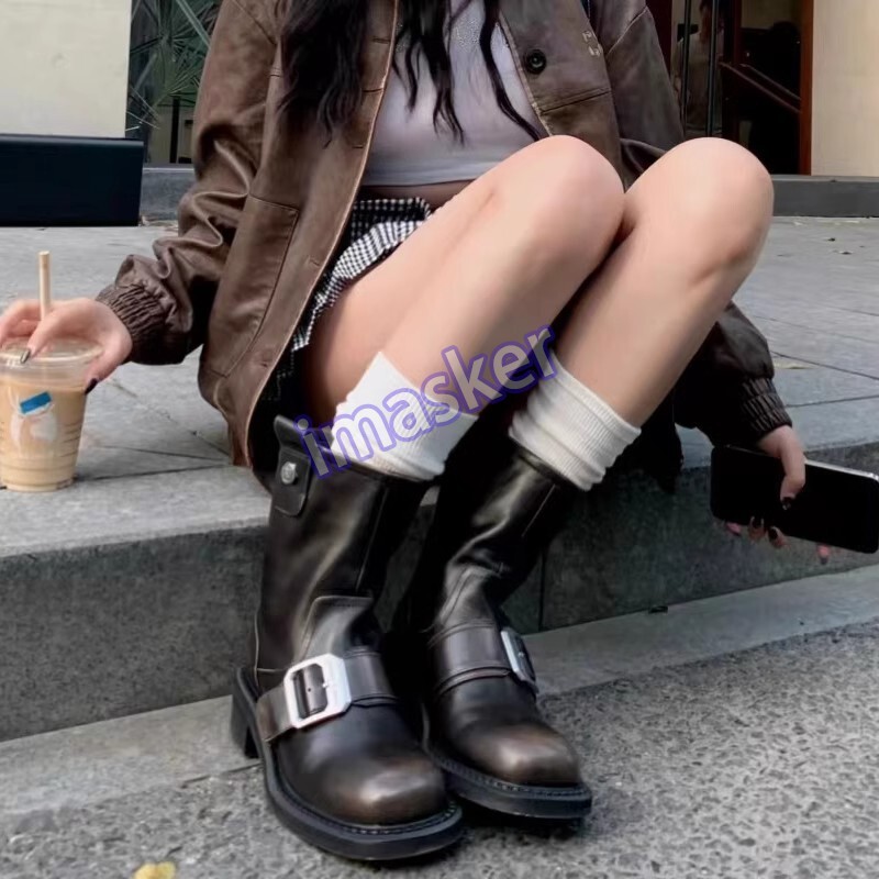 Retro Women’s Boots Metal Belt Buckle Riveted Knight Boots High Heel Short Boots