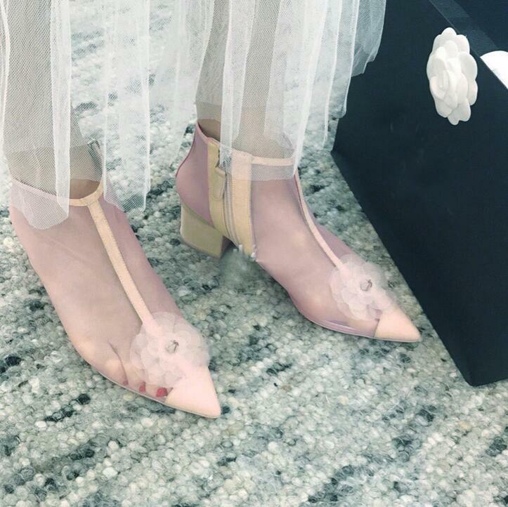 Women Sweet Shoes Mesh Flower Pointed Toe High Top Ankle Boots Pumps High Heels
