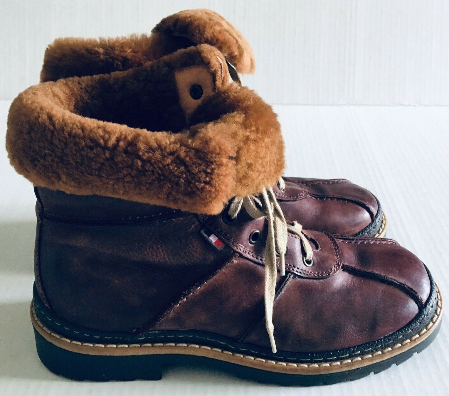 FeetFirst Women Boots Leather Brown Size 38 Fur Lined Lace Up Made in Italy Logo