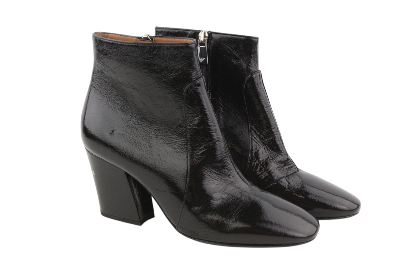 EMPORIO ARMANI Women Boots EU37 Black Patent Leather Shiny Heeled Ankle Zipper