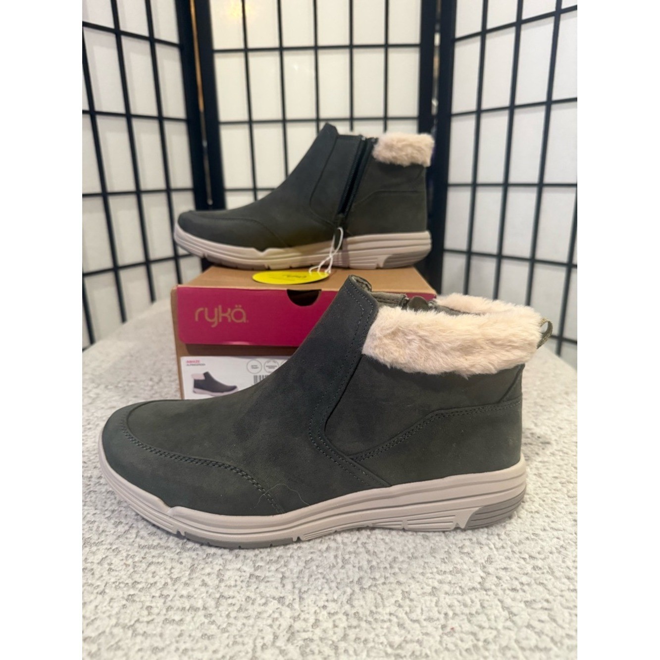 Ryka Faux Fur Lined Ankle Boots Women’s 10 Slip On Comfort Olive Booties NIB