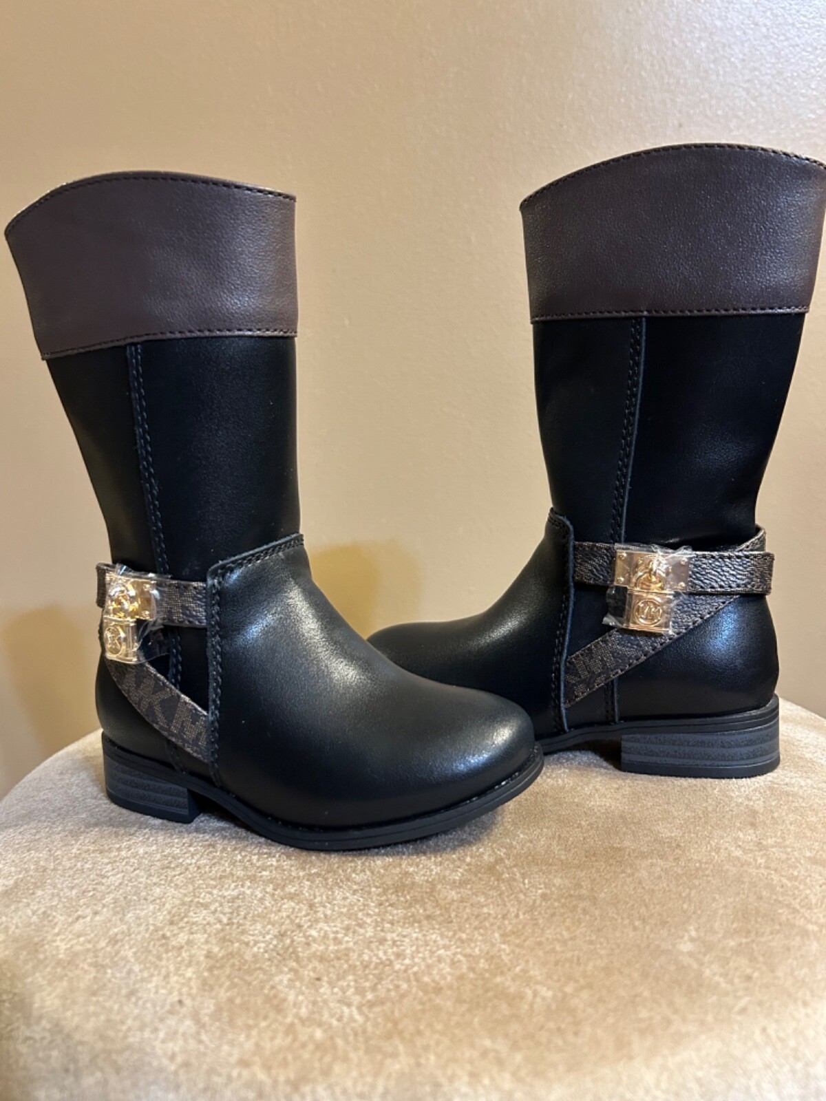 Michael Kors Girls Boots Size 6 Kids Finel Leather Boots High Black Brown (230