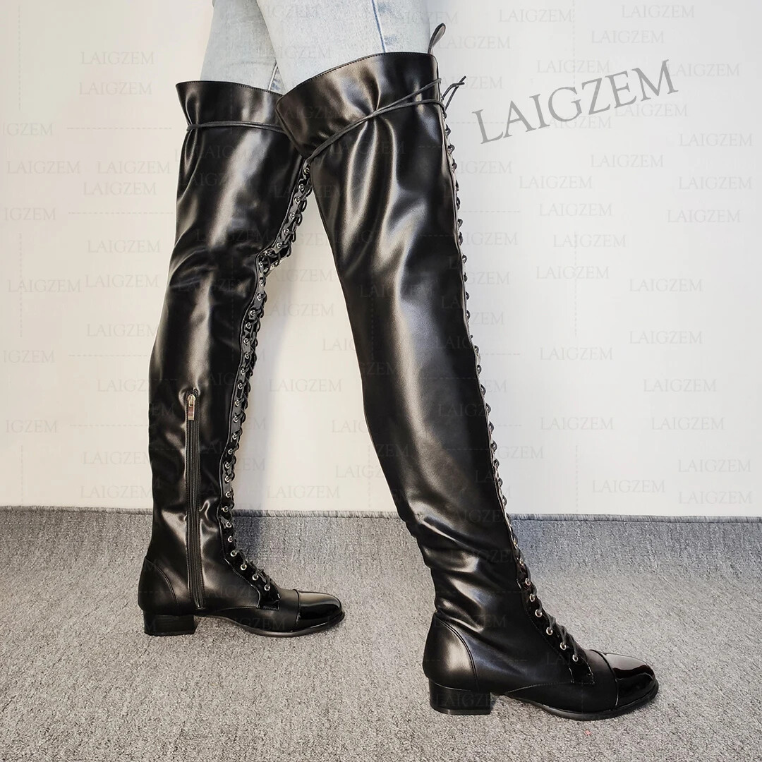 Women Boots Over Knee Round Toe Side Zip Low Heels Patchwork Thigh High Shoes Wo