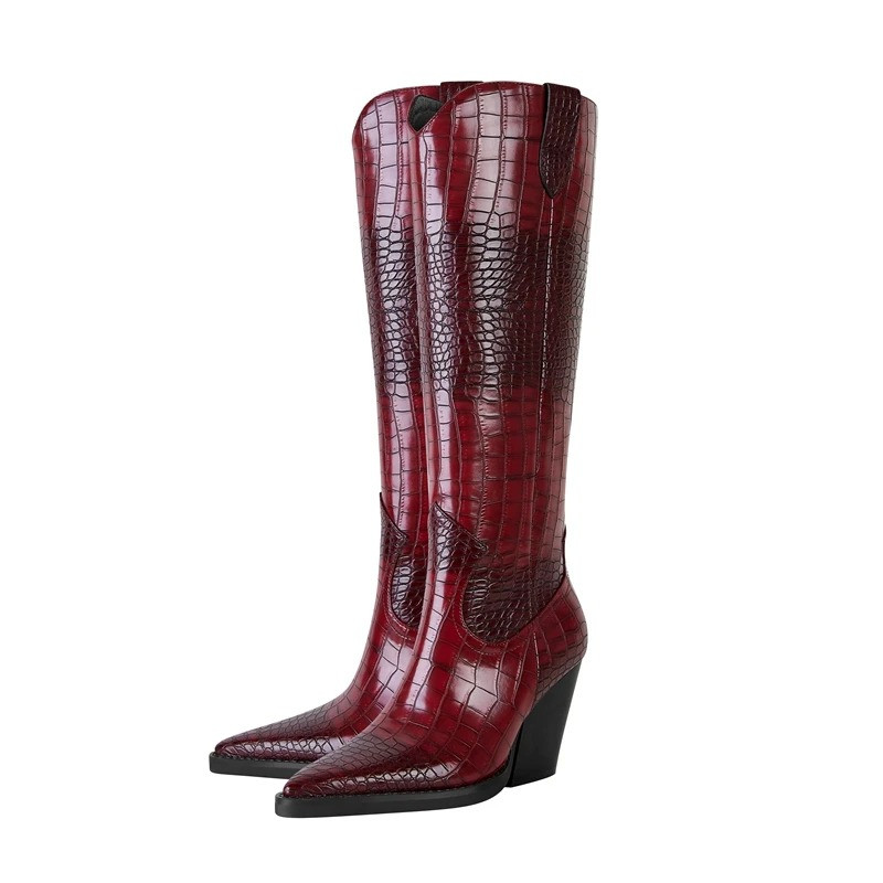 Women’s Knee High Western Boots Pointed Toe Chunky Heel Tall Cowboy Boots