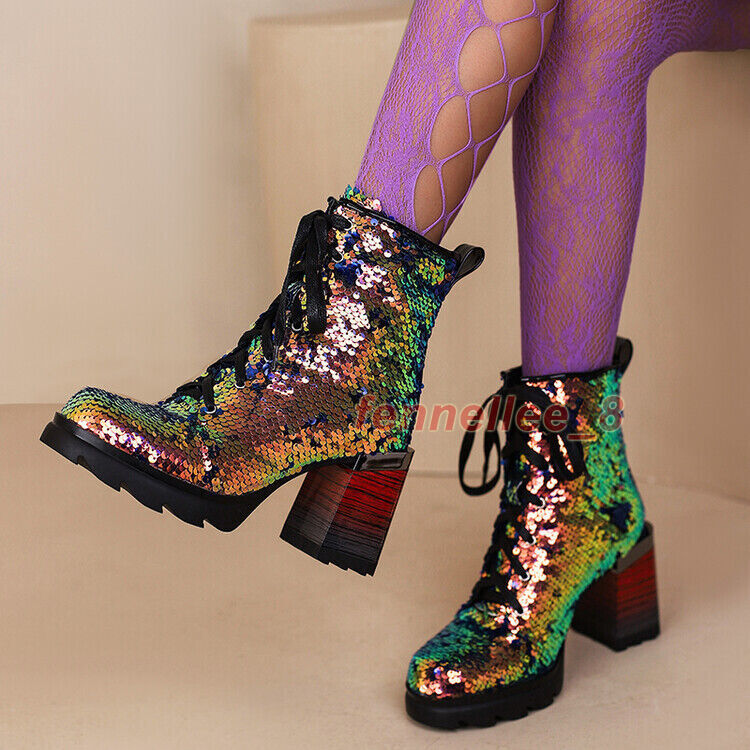 Women Boots Lace Up Block Heel Combat Motor Shoes Shiny Sequins Ankle Boots Size