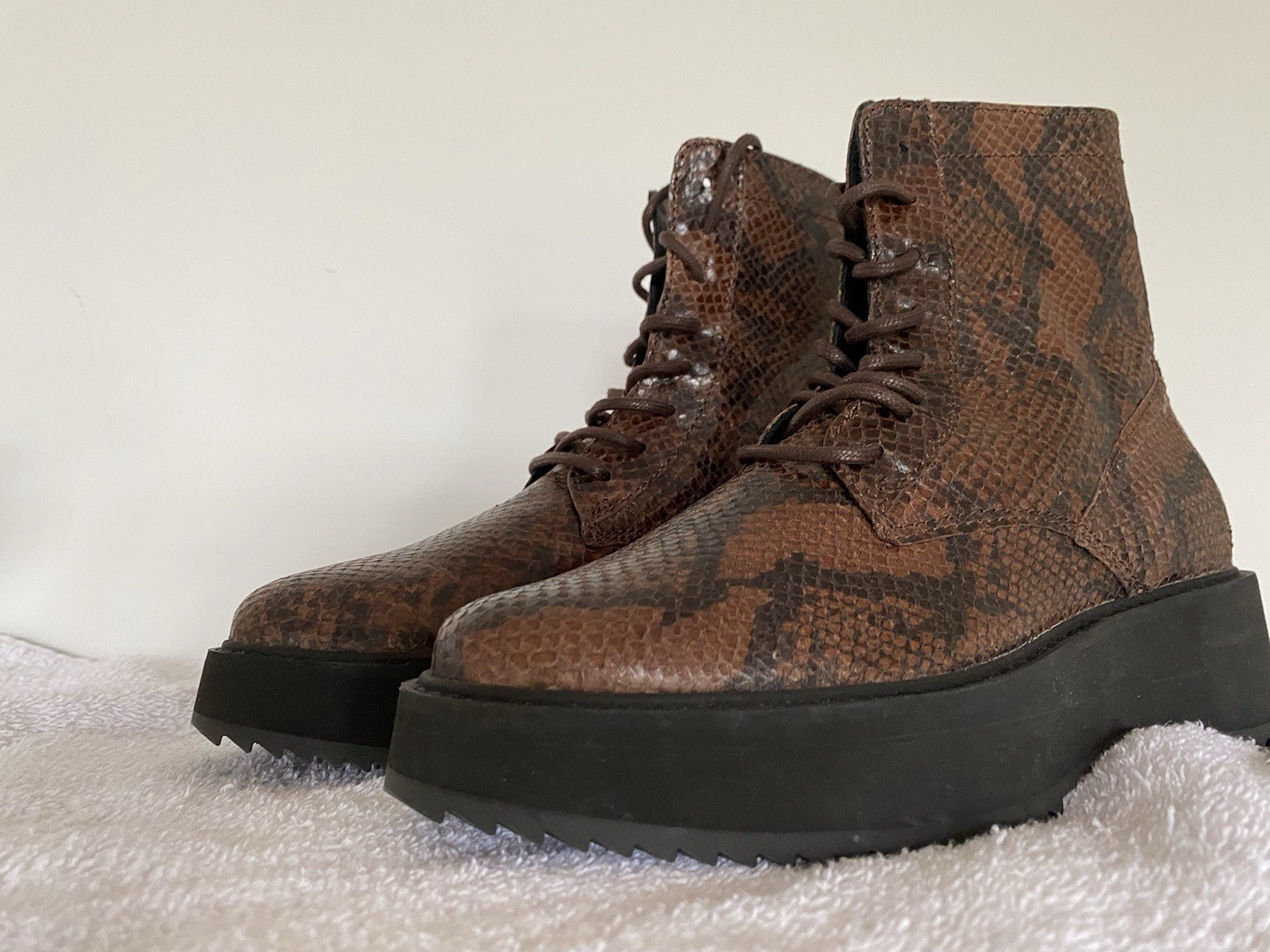 Rachel Comey Snake Skin Combat Platform Brown Leather Women Boots 37 US 6.5 New
