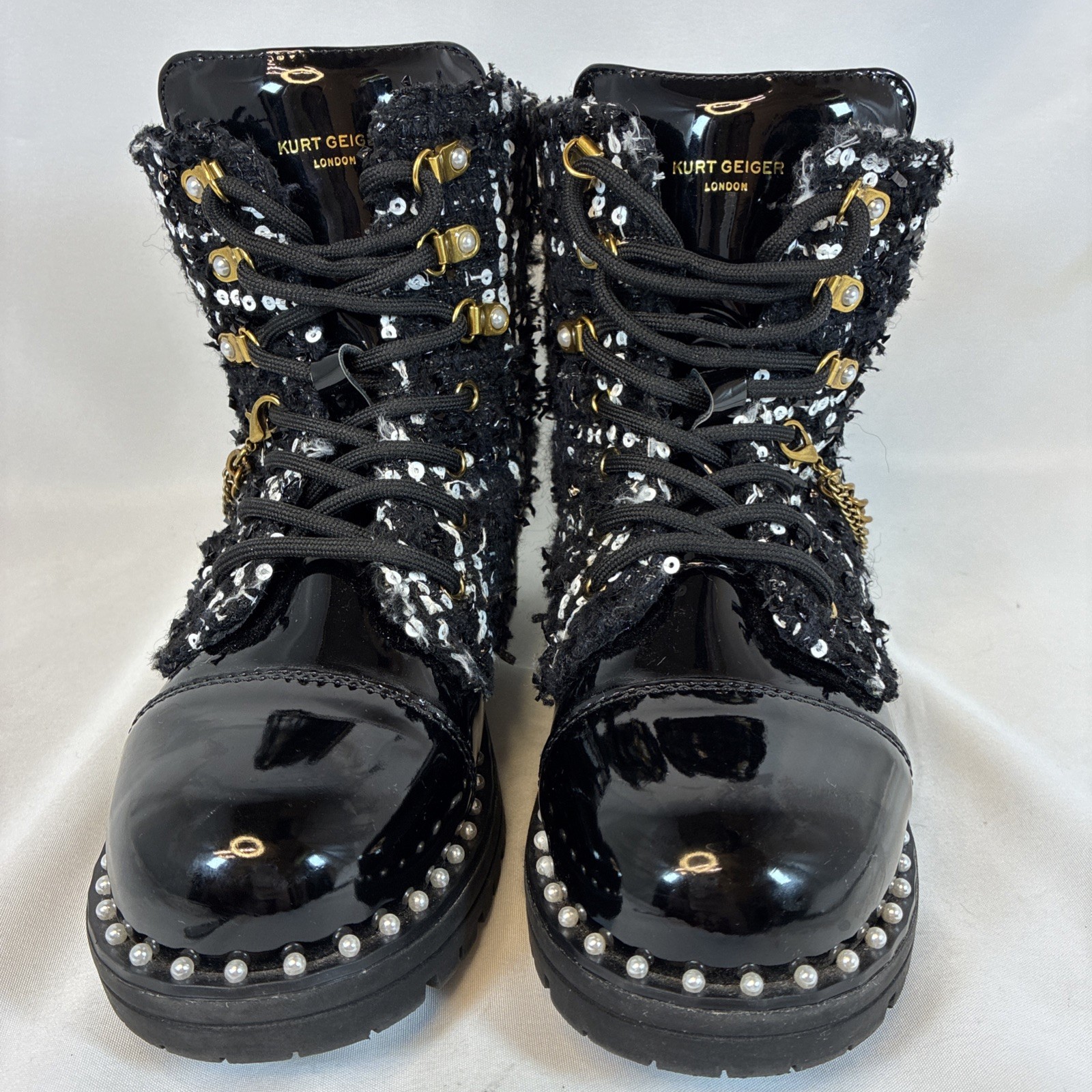Kurt Geiger London Girls Boots Size 3M Combat Chain  Black Sequined