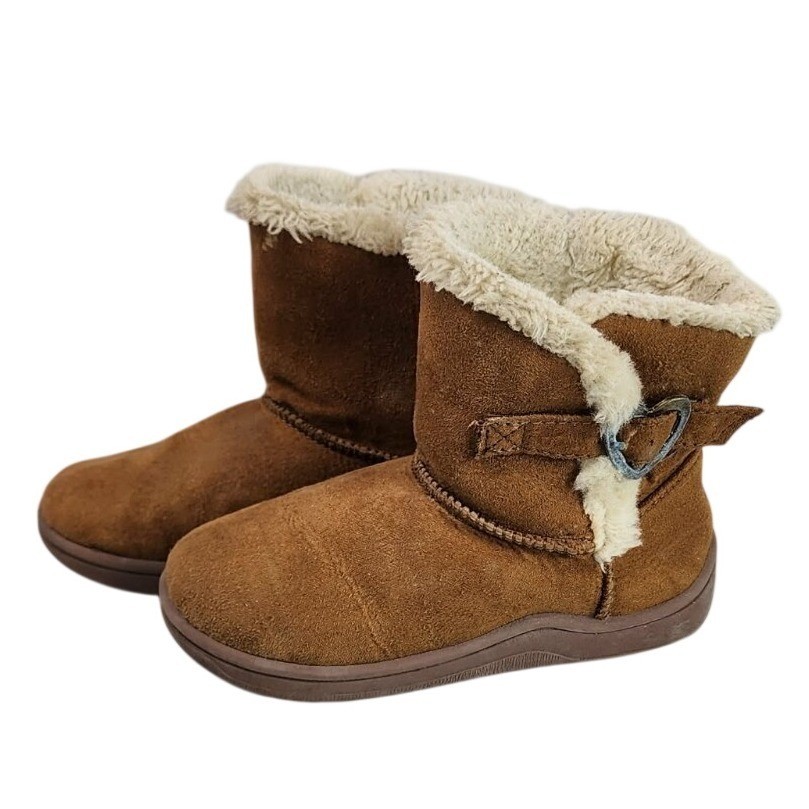 Kids Brown Faux Fur Lined Boots Heart Buckle Cozy Winter Warm Size 8