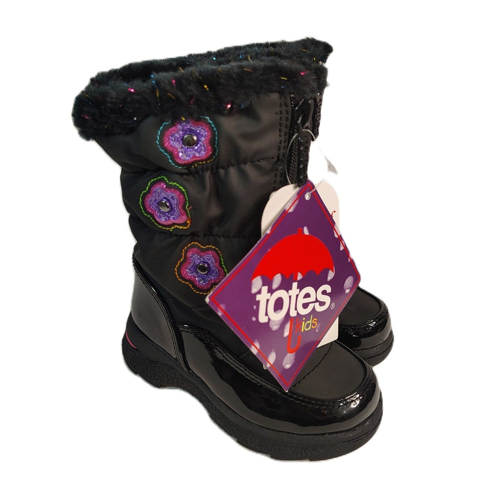 NEW! Totes Kids Toddler Girls Winter Boots Size 7M Black Faux Fur Lined Zipper