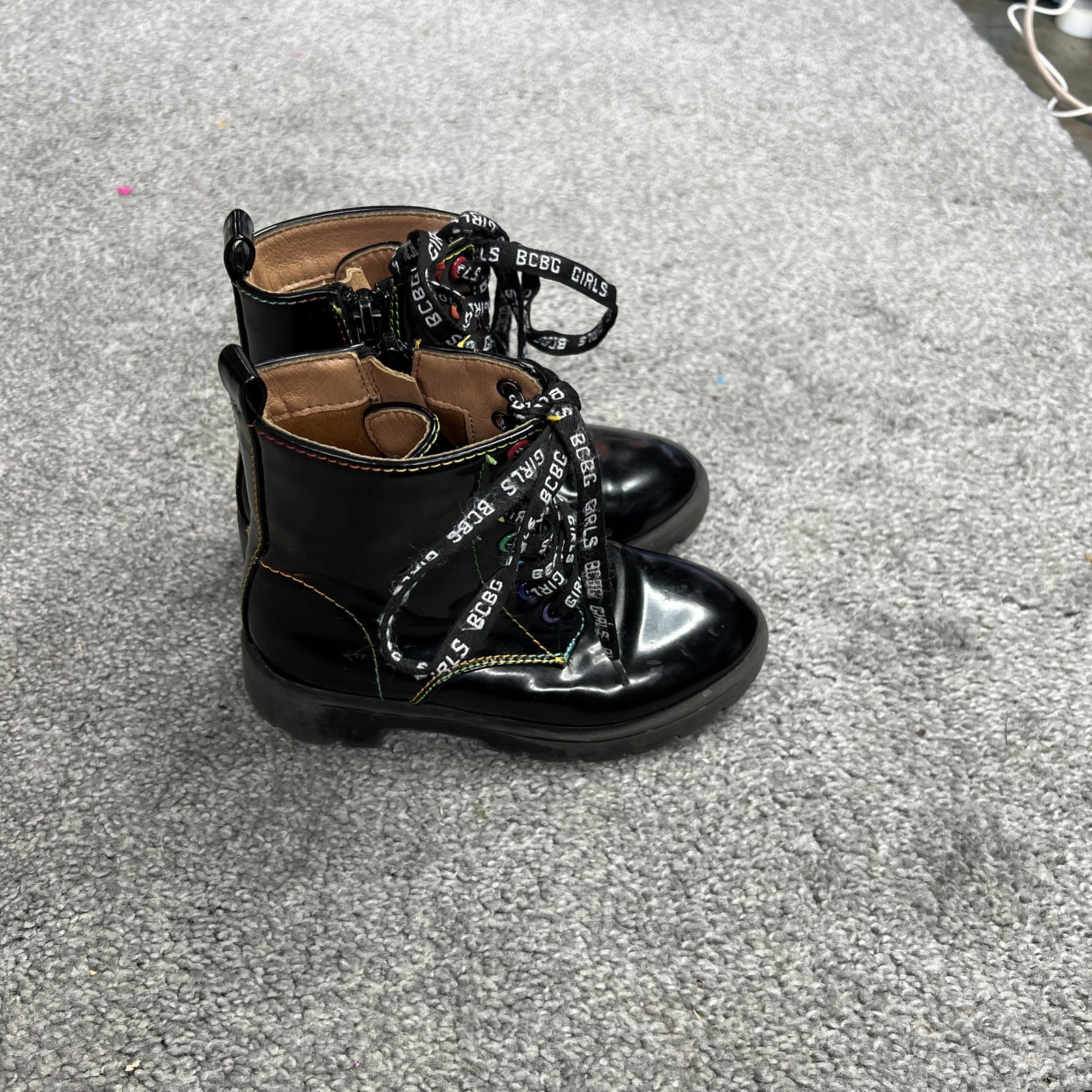 BCBG Girls Boots Girls Size 12 Black Patent Combat Side Zip Lace Up Lug Rainbow