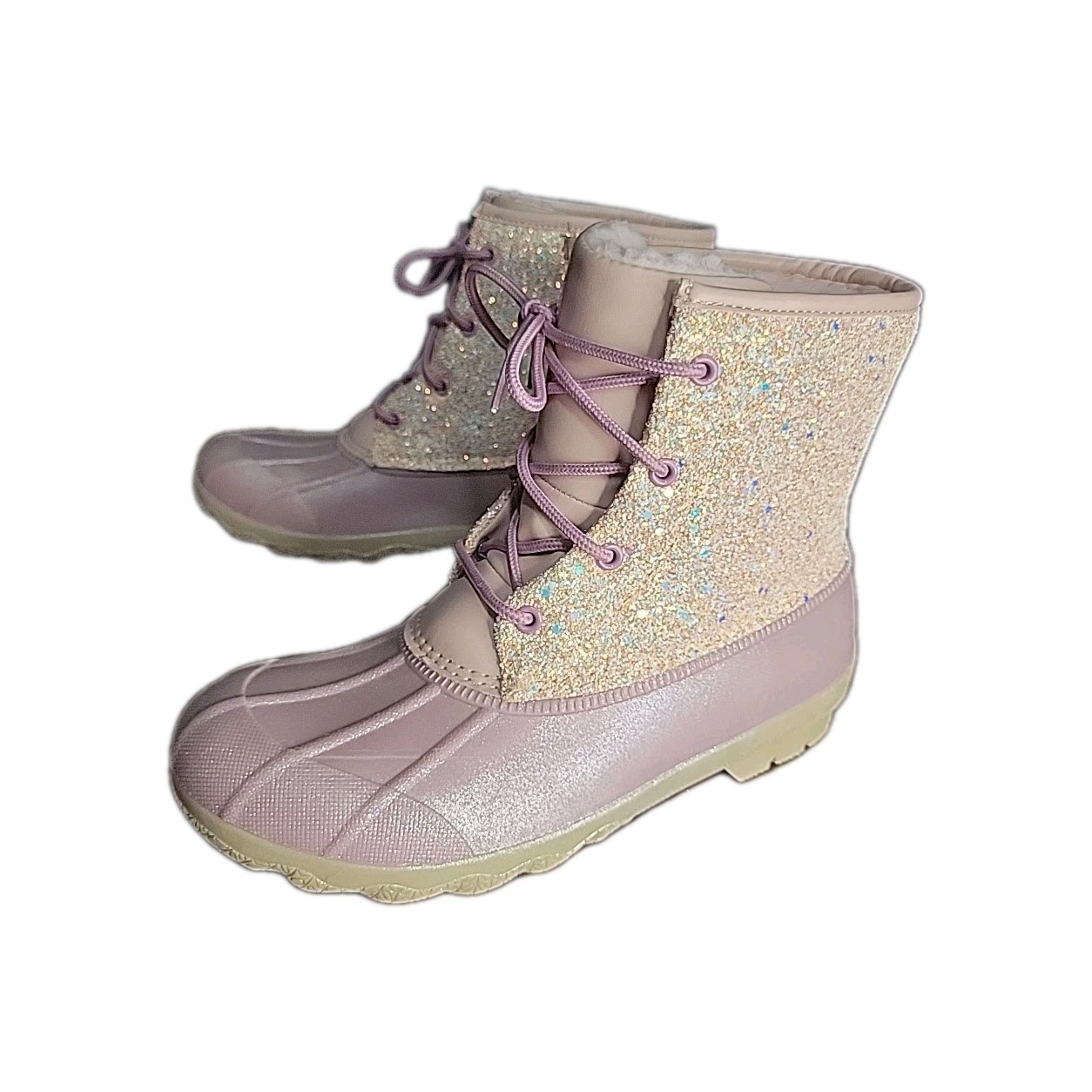 Pink Girls Winter Boots Sparkly Water & Skid Resistant Temp Duck Glitter Size 5