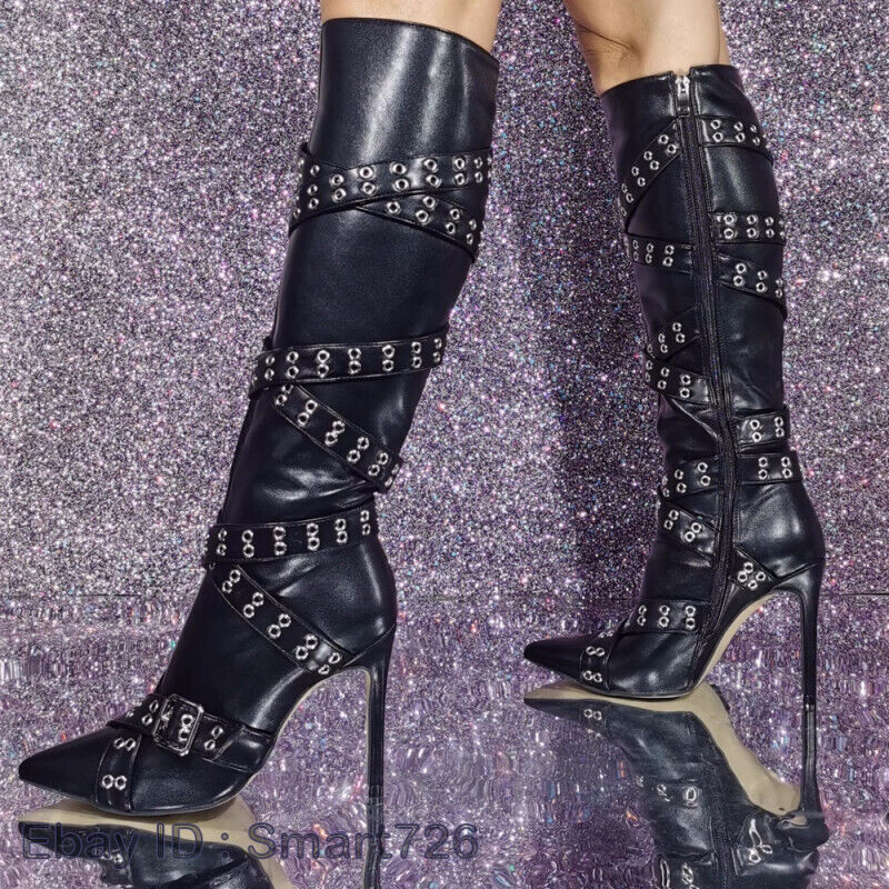 Women Boots Black Rivets Zip Up Side Stilettos High Heel Motorcycle Boots Unisex