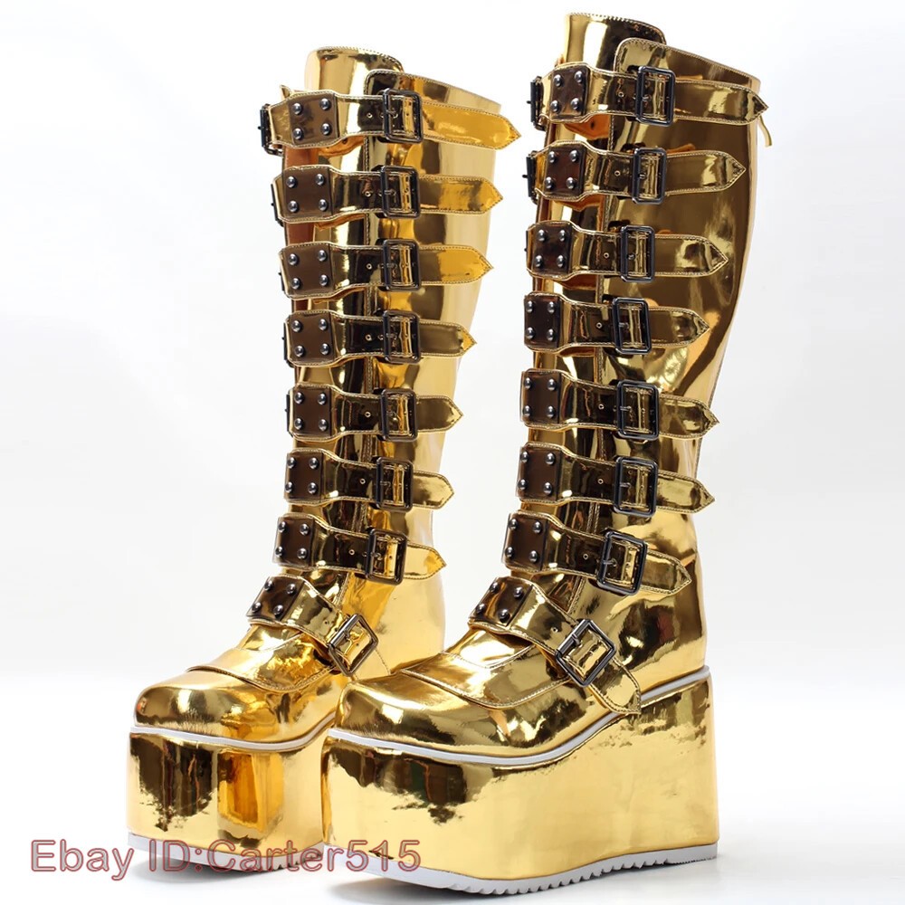 Women Boots Punk Gothic Style Crystal Mirror Platform Knight Cosplay Calf Boots