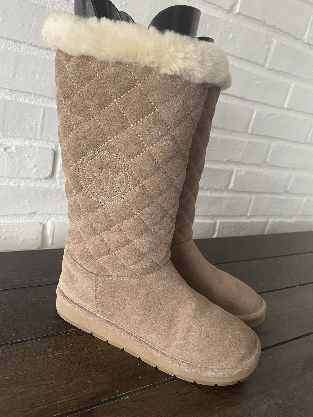 Michael Kors Sandy Quilted Tall Suede Khaki Tan Fur Sherpa Women Boots Sz 6