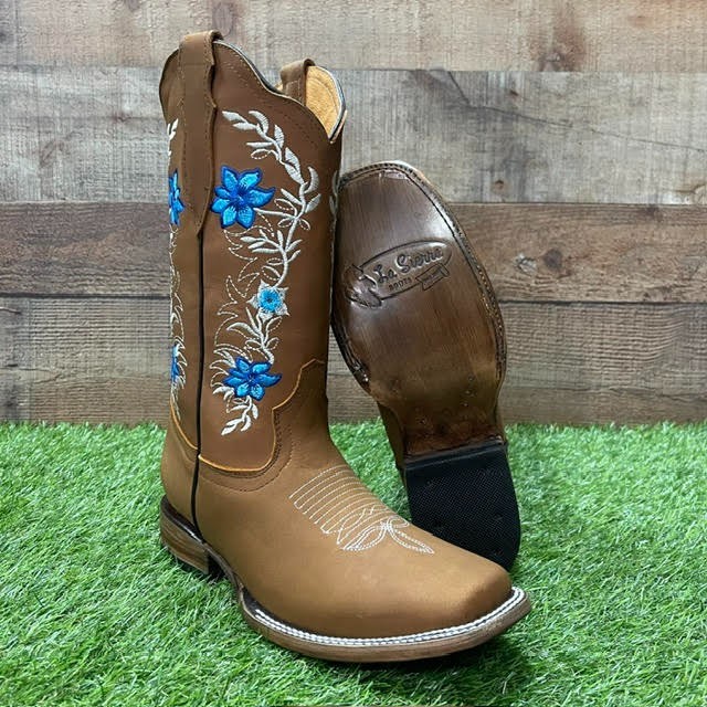 Women Embroider Cowgirl Western Square Toe Blue Flowers Boots Dama Flor Azul 251