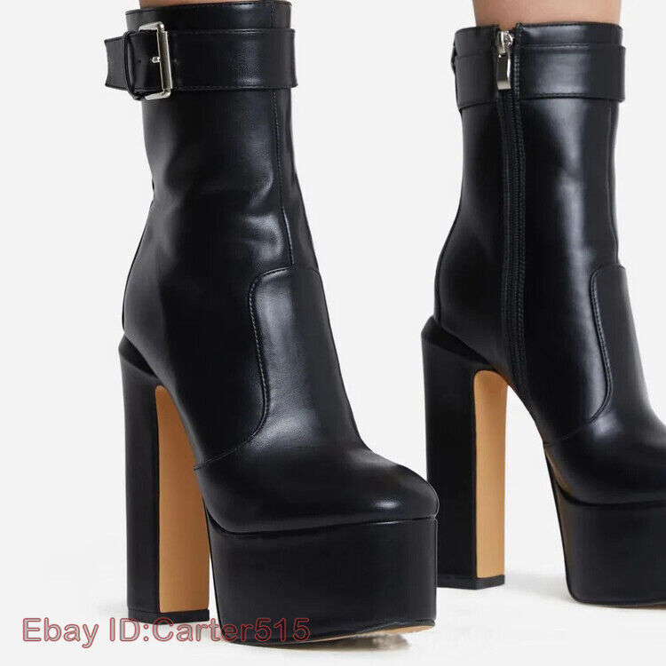 Women Boots Block High Heels Fashion Buckle Ankle Boots Platform Zip Shoes Party