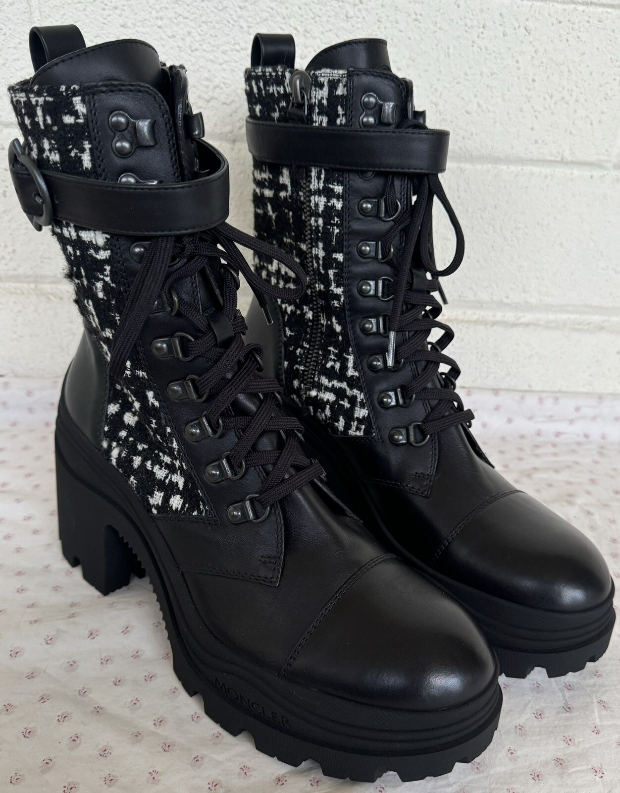 MONCLER WOMEN BOOTS BLACK ENVILE TWEED BLOCK HEEL Size 41