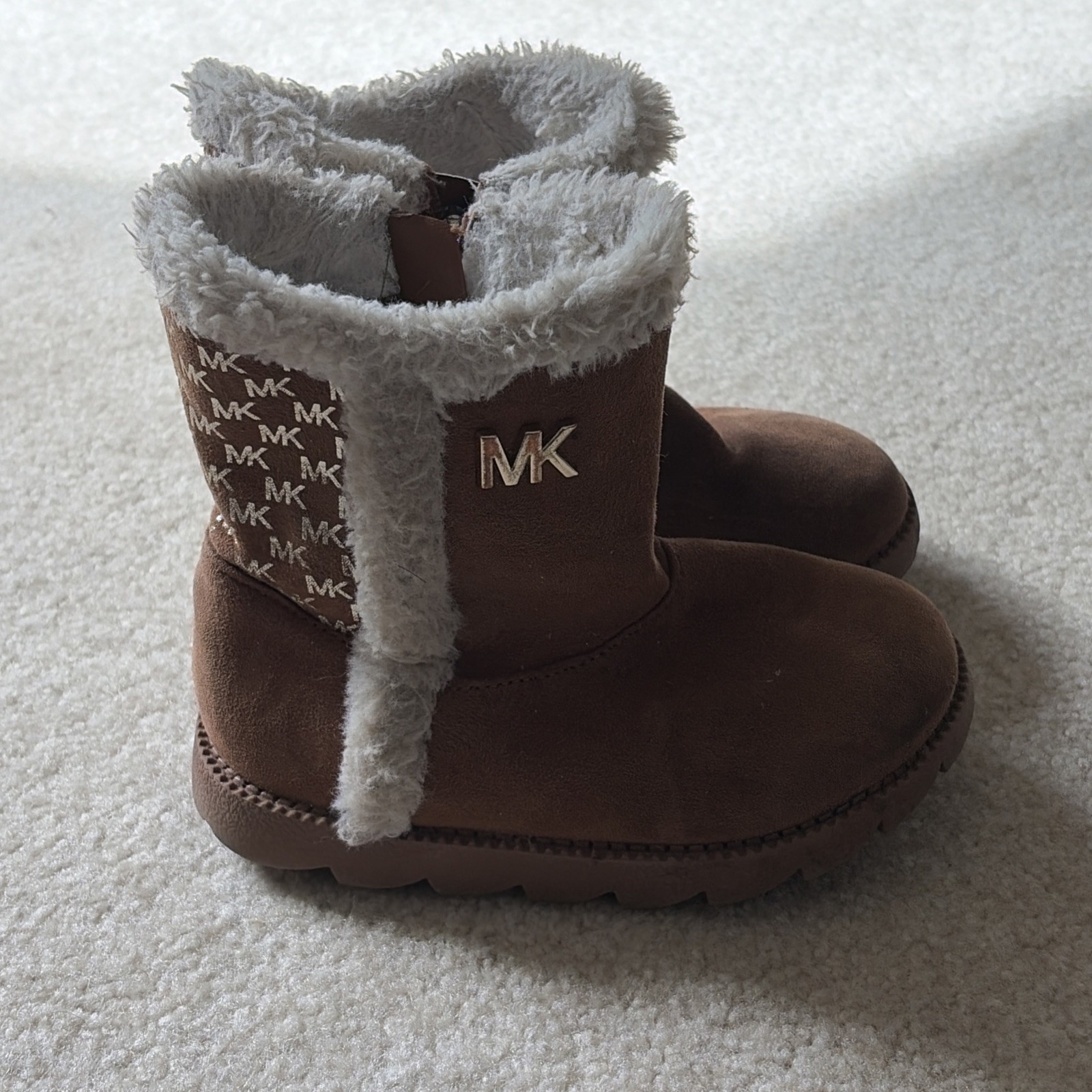 Michael Kors Girls Winter Boots Brown Faux Fur MK Monogram Logo Toddler Sz 10