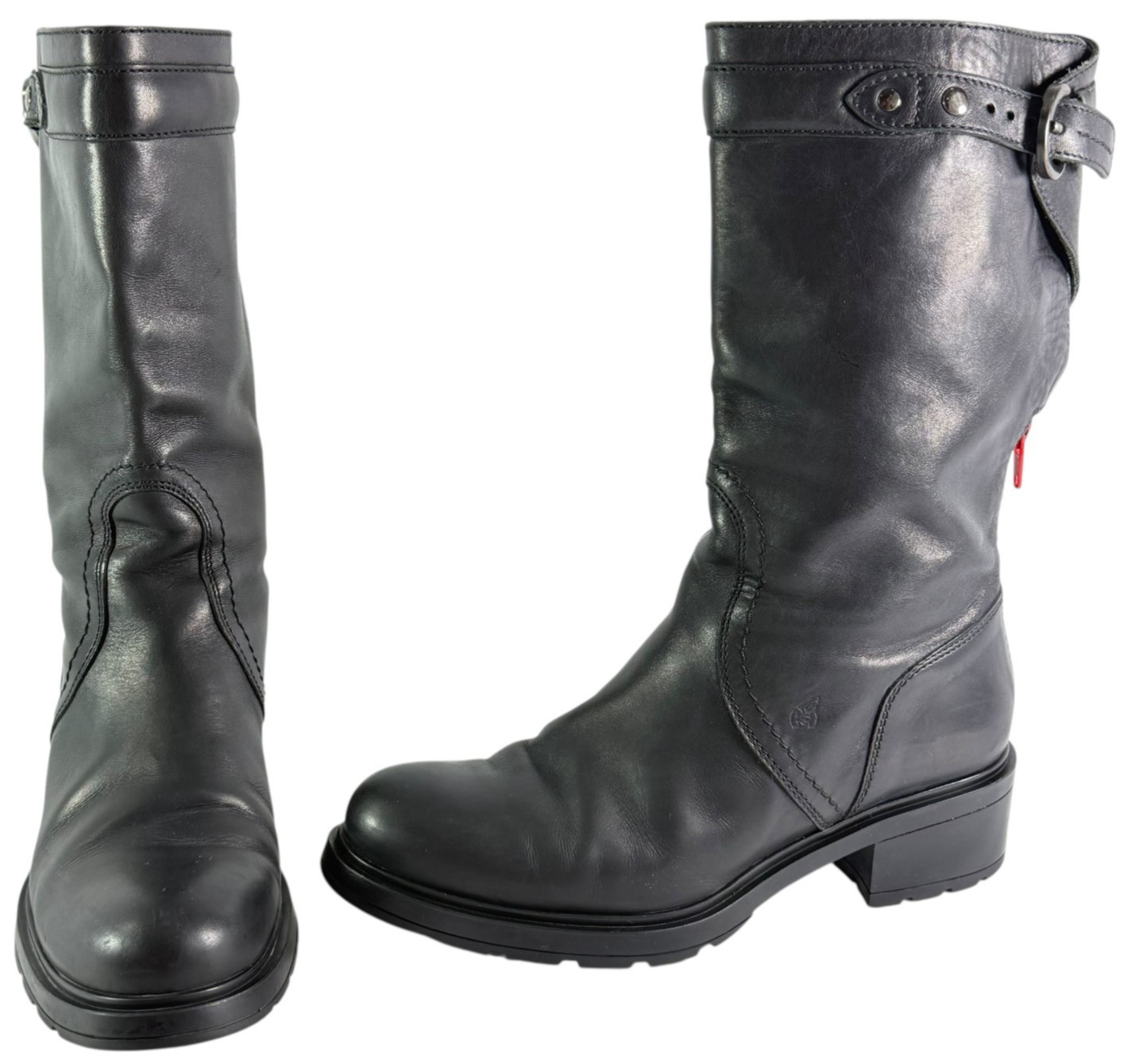 HOGAN Black Leather Biker Women Boots Top Buckle 37.5 – 7.5