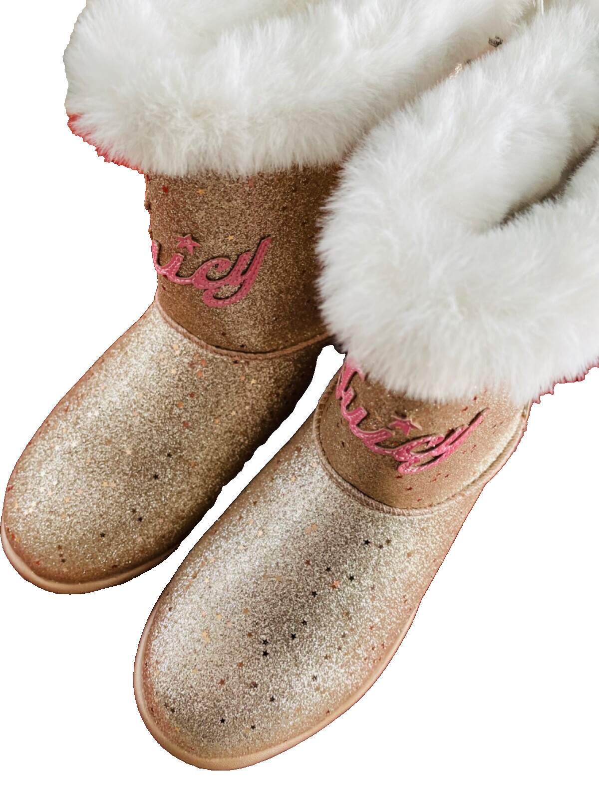 NWOT JUICY COUTURE Big Girls TEMECULA Gold LOGO Glitter Faux Shearling BOOTS 4M
